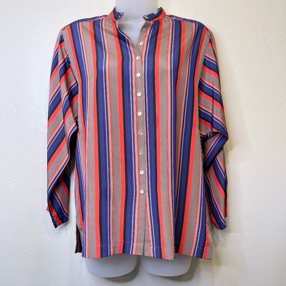 LC | VTG Retro Disco Dolaman Long Sleeve Allover Stripe Button Front Blouse - Picture 3 of 17